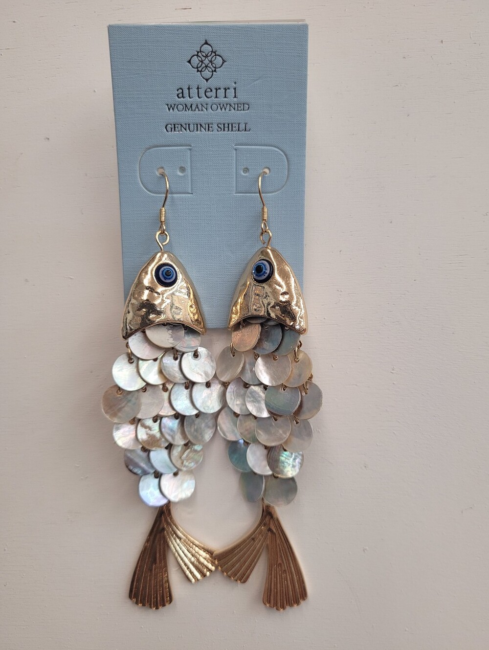 NEW Atterri Gold & Iridescent Shell Fish Drop Earrings